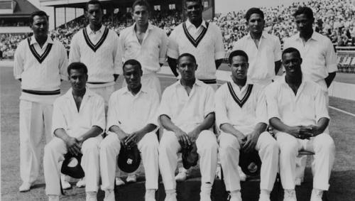 West Indies 1963 tour to England. Back (L-R): J. Solomon, L. Gibbs, J. Carew, C. Griffith, D. Murray and B. Butcher. Front (L-R): R. Kanhai, C. Hunte, F. Worrell, G. Sobers and W. Hall